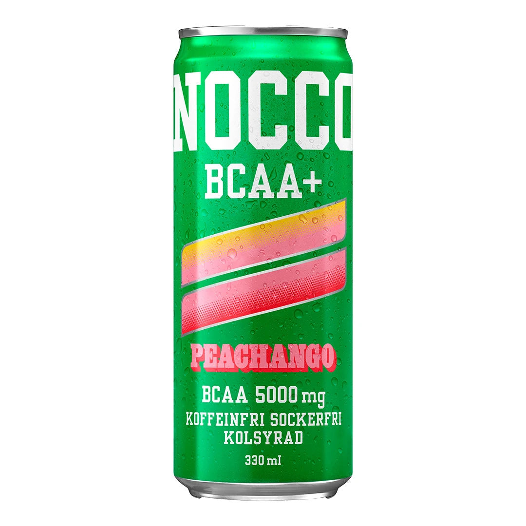 NOCCO BCAA + 330 ml koffeinfri dryck i en grön burk med rosa och orange detaljer för smaken Peachango.