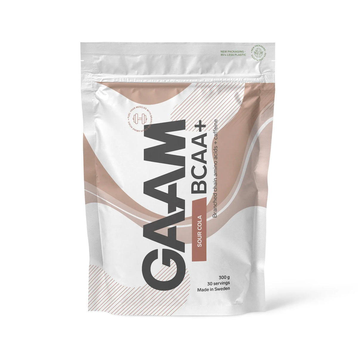 GAAM BCAA + Caffeine 300 g aminosyrapulver i en vit påse med bruna detaljer för smaken Sour Cola.