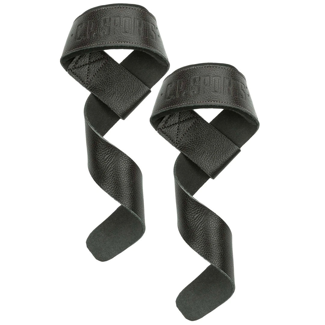 C.P. Sports Padded Leather Lifting Straps Brown, ett par bruna vadderade dragremmar i läder med präglad logotyp., bild 3 av 3