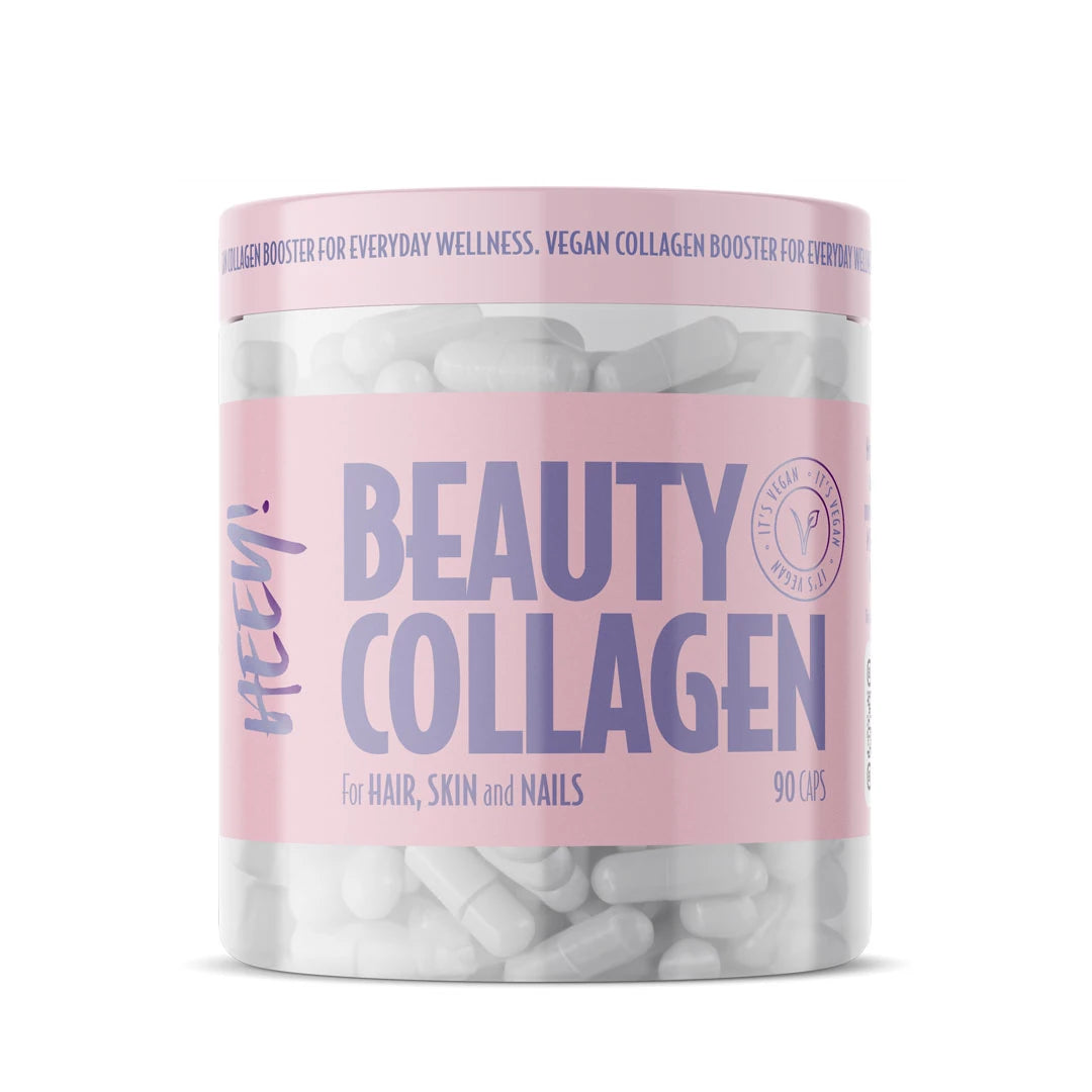 Heey! Beauty Collagen + Hyaluronsyra 90 caps i en genomskinlig burk med rosa etikett och vita veganska kapslar., bild 1 av 1