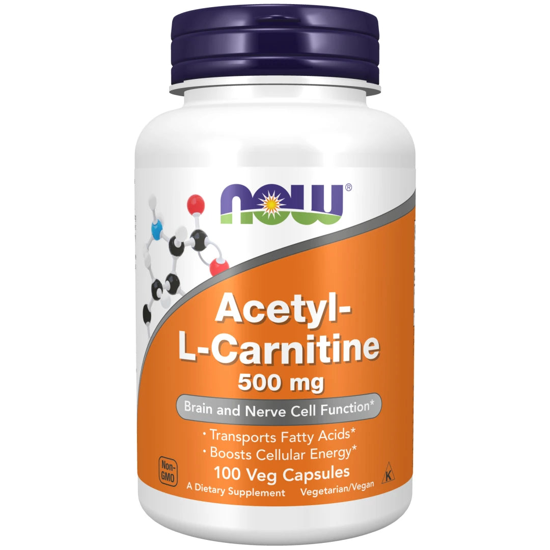 NOW Acetyl-L-Carnitine 500 mg 100 caps aminosyra i en vit burk med orange etikett och mörkblått lock., bild 1 av 1
