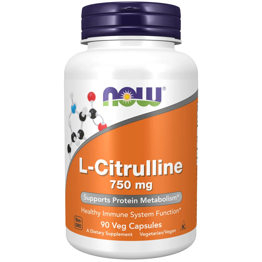NOW L-Citrulline 750 mg 90 caps kosttillskott i en vit burk med mörkblått lock och orange etikett.