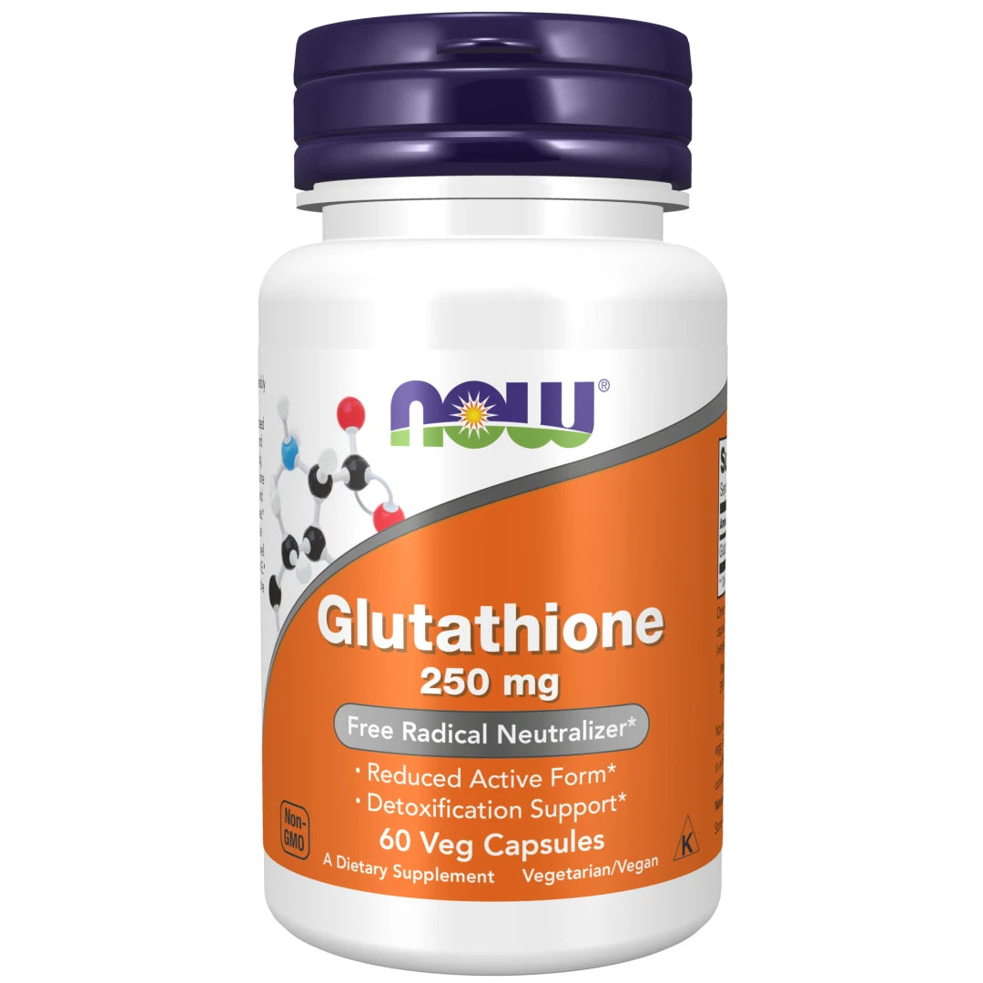 NOW Glutathione 250 mg 60 caps i en vit burk med lila lock och orange etikett., bild 1 av 1