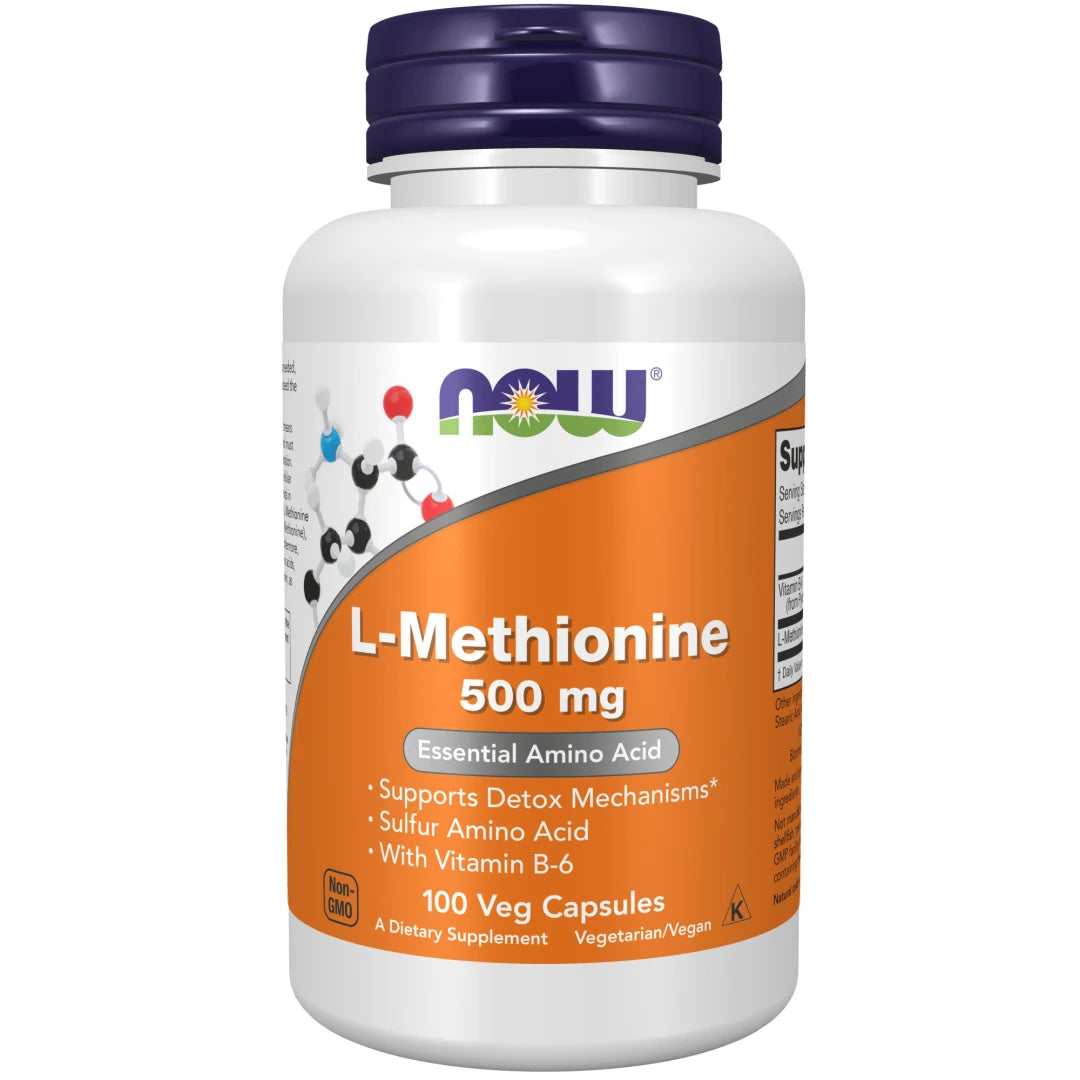 NOW L-Methionine 500 mg 100 caps, ett veganskt kosttillskott i vit burk med mörkblått lock och orange etikett., bild 1 av 1