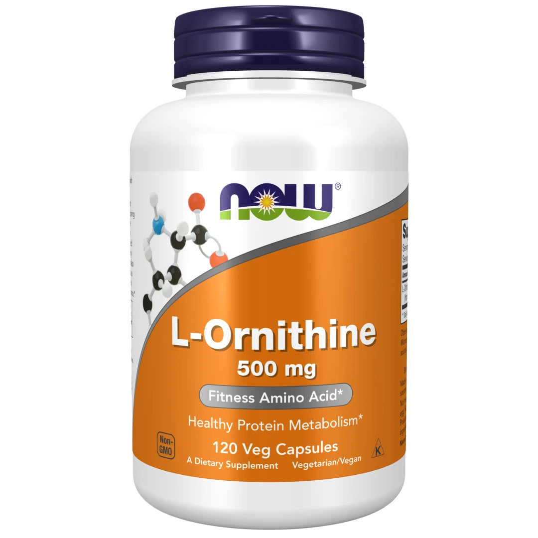 NOW L-Ornithine 500 mg 120 caps i en vit burk med orange etikett och ett mörklila lock., bild 1 av 1