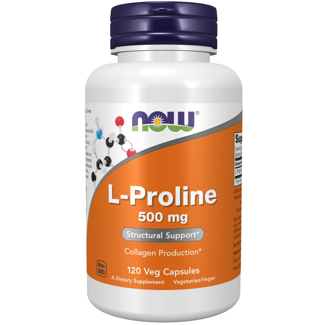 NOW L-Proline 500 mg 120 caps kosttillskott i en vit burk med orange etikett och lila lock., bild 1 av 1