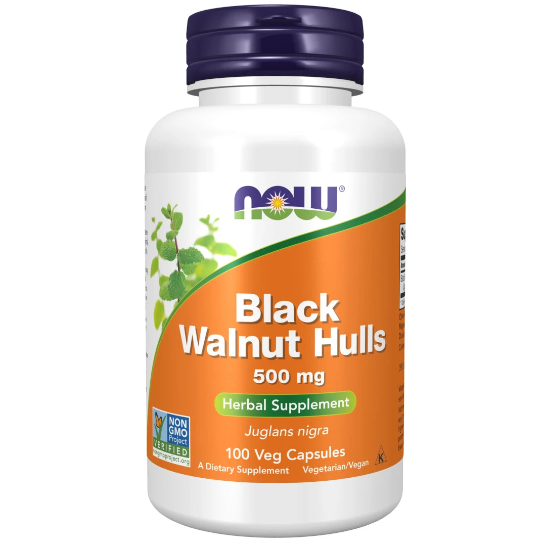 NOW Black Walnut Hulls 500 mg 100 caps förpackad i en vit burk med orange etikett och mörklila lock., bild 1 av 1