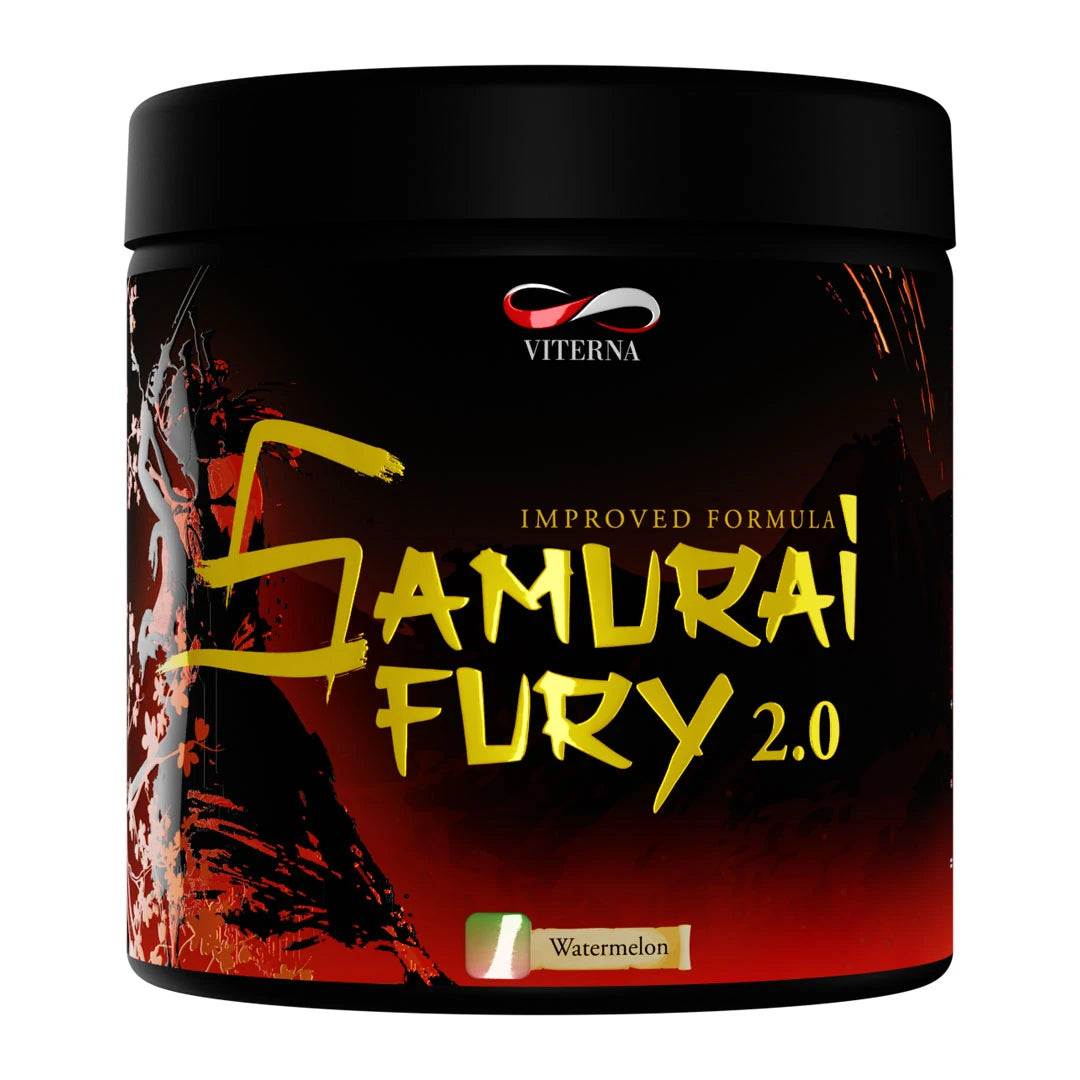 Viterna Samurai Fury 2.0 375 g pre-workout i en svart burk med mörkröd design och smaken Watermelon., bild 1 av 1