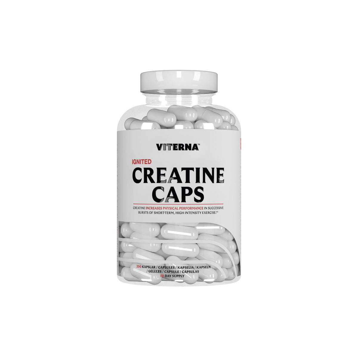 Viterna Ignited Creatine 180 caps, en transparent burk med vita kapslar och en vit etikett med röda grafiska detaljer.