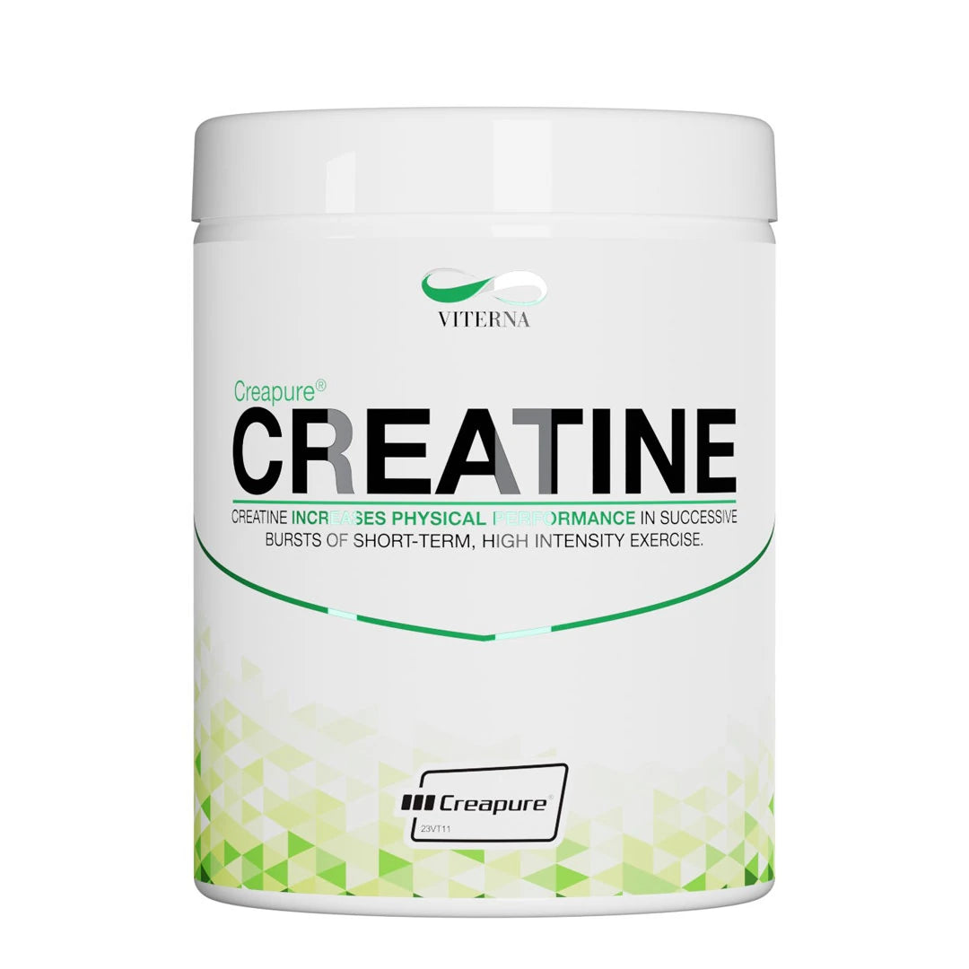 Viterna Creapure 500 g kreatinpulver i en vit burk med grönt geometriskt mönster., bild 1 av 1