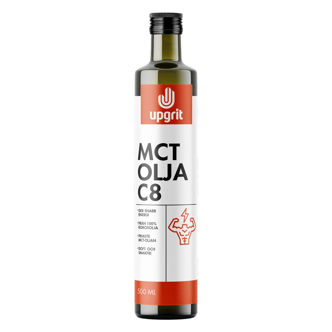 Upgrit C8 MCT-olja 500 ml i en mörk glasflaska med vit etikett och orange detaljer., bild 1 av 1
