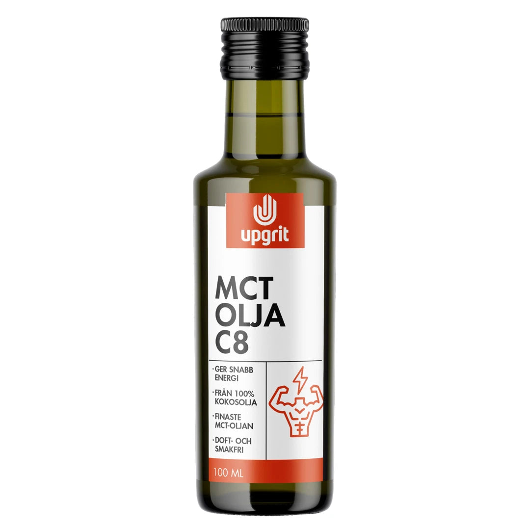 Upgrit C8 MCT-olja 100 ml förpackad i en mörkgrön glasflaska med vit och orange etikett., bild 1 av 1