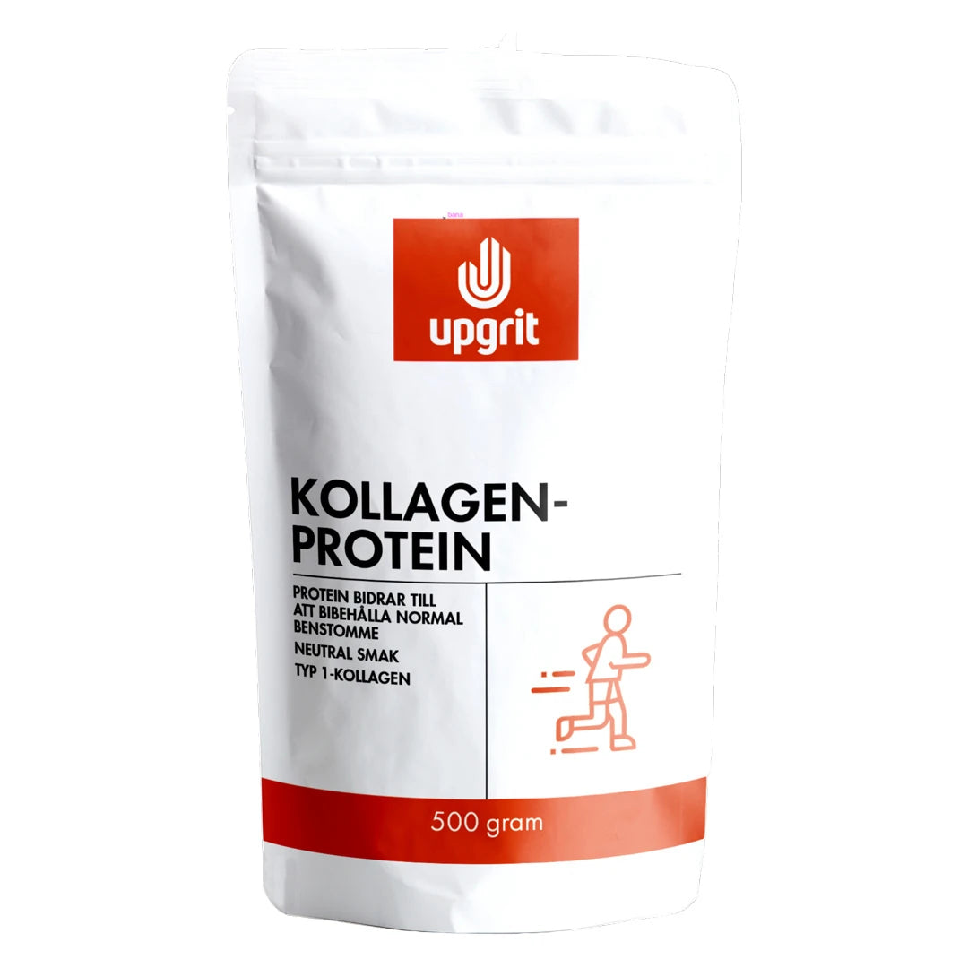 Upgrit Kollagenprotein 500 g i en vit påse med röda och svarta detaljer för neutral smak., bild 1 av 1