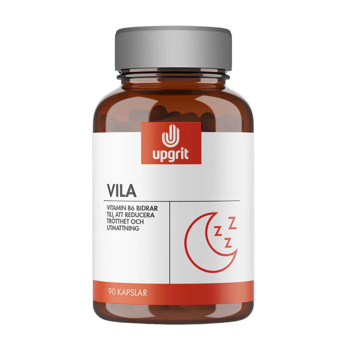 Upgrit Vila 90 caps kosttillskott för återhämtning i en brun burk med silverlock och en vit etikett med röda detaljer., bild 1 av 1