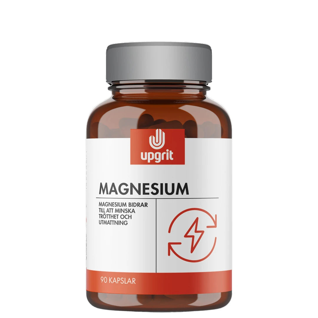 Upgrit Magnesium 90 caps kosttillskott i en brun burk med vit etikett och röda detaljer., bild 1 av 1