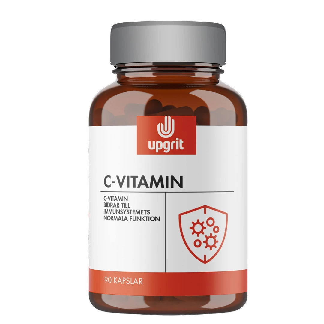 Upgrit C-vitamin 90 caps i en brun burk med vit etikett, silverlock och röd detalj med immunsystemssköld., bild 1 av 1