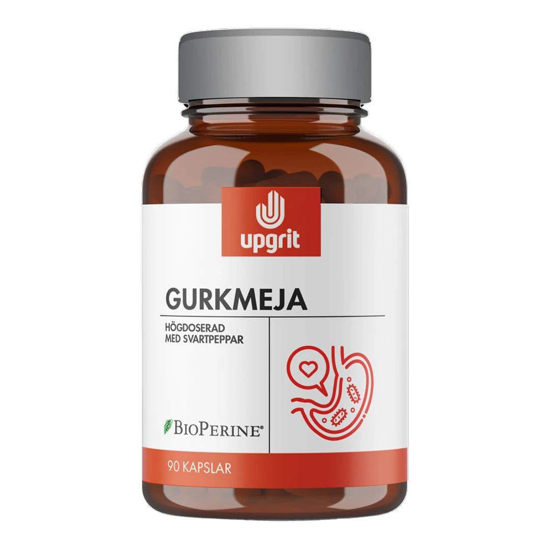 Upgrit Gurkmeja 90 caps kosttillskott i en brun burk med silverfärgat lock och vit etikett med orange detaljer., bild 1 av 1