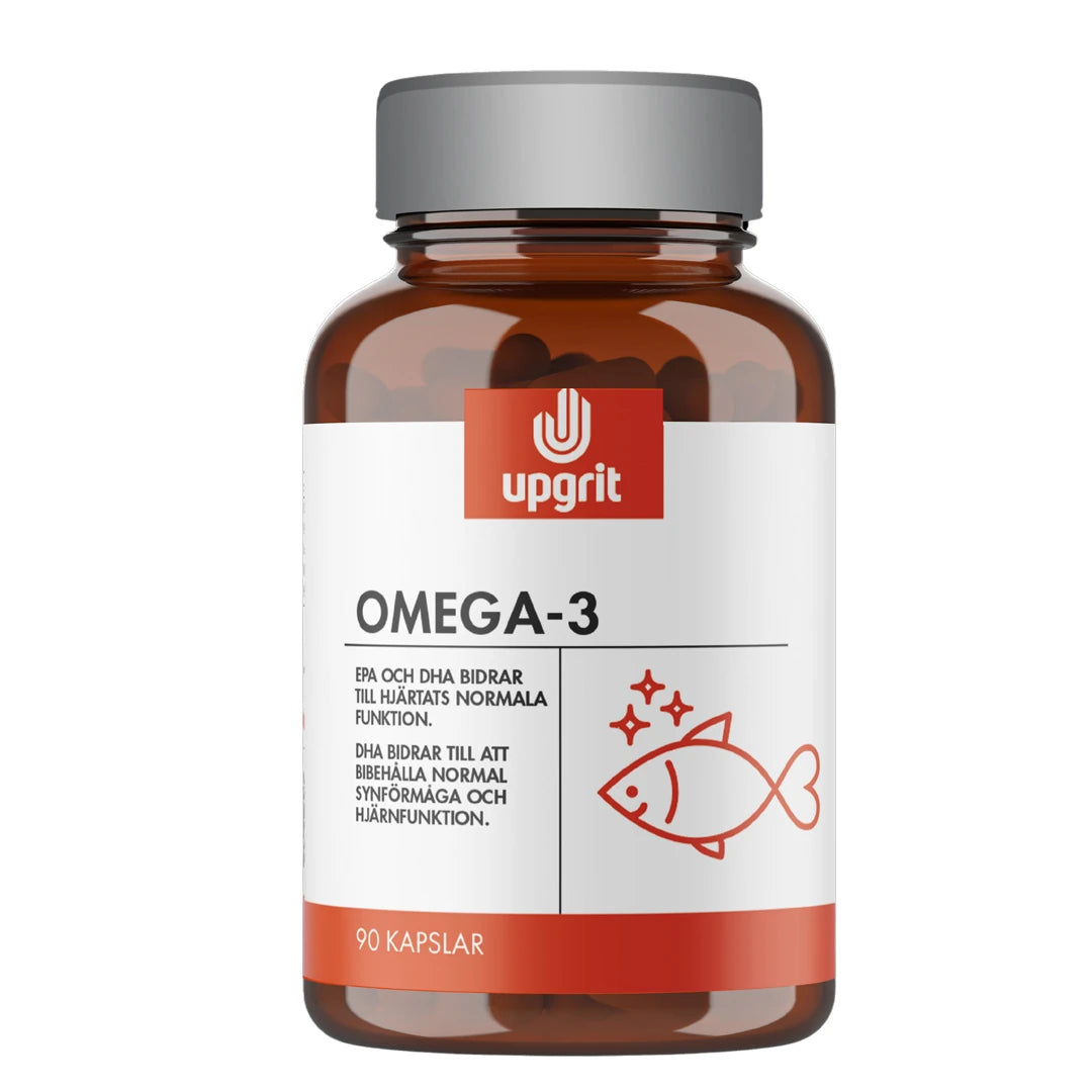 Upgrit Omega-3 90 caps i en mörkbrun burk med silverlock, vit etikett med röda detaljer och en fiskillustration., bild 1 av 1