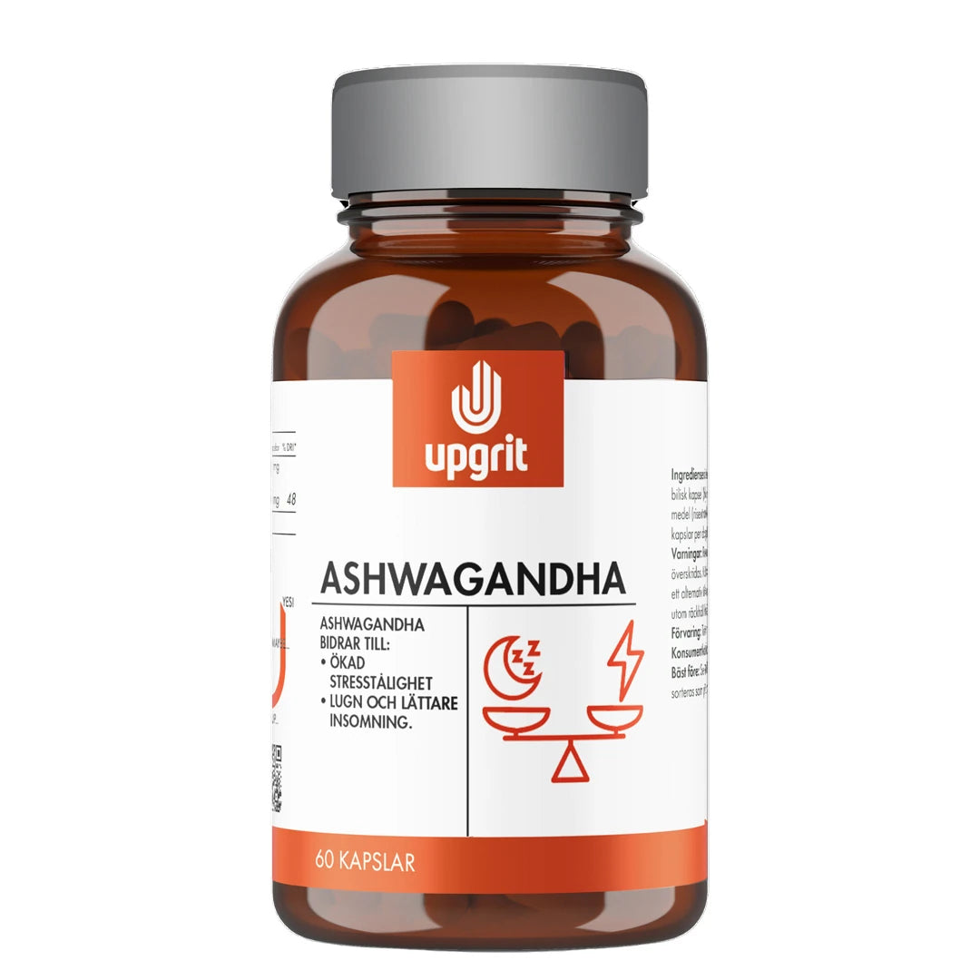 Upgrit Ashwaganda 60 caps i en brun burk med vit och orange etikett, för ökad stresstålighet., bild 1 av 1