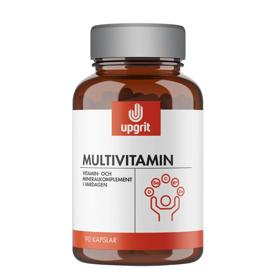 Upgrit Multivitamin 90 caps förpackad i en mörkbrun burk med grått lock och vit etikett med röda detaljer., bild 1 av 1