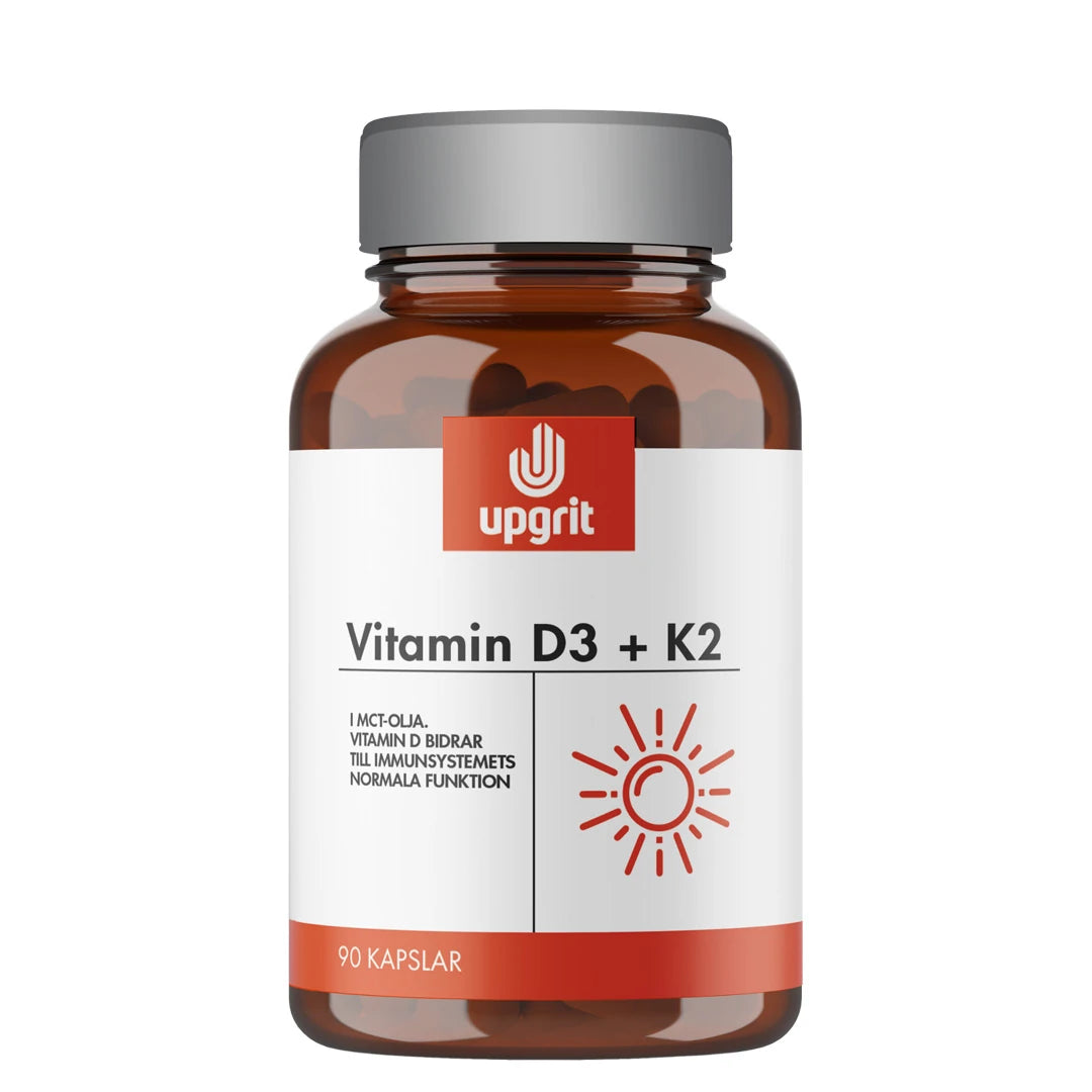 Upgrit Vitamin D3 + K2 90 caps i en brun burk med silverfärgat lock, vit etikett och en röd solsymbol., bild 1 av 1