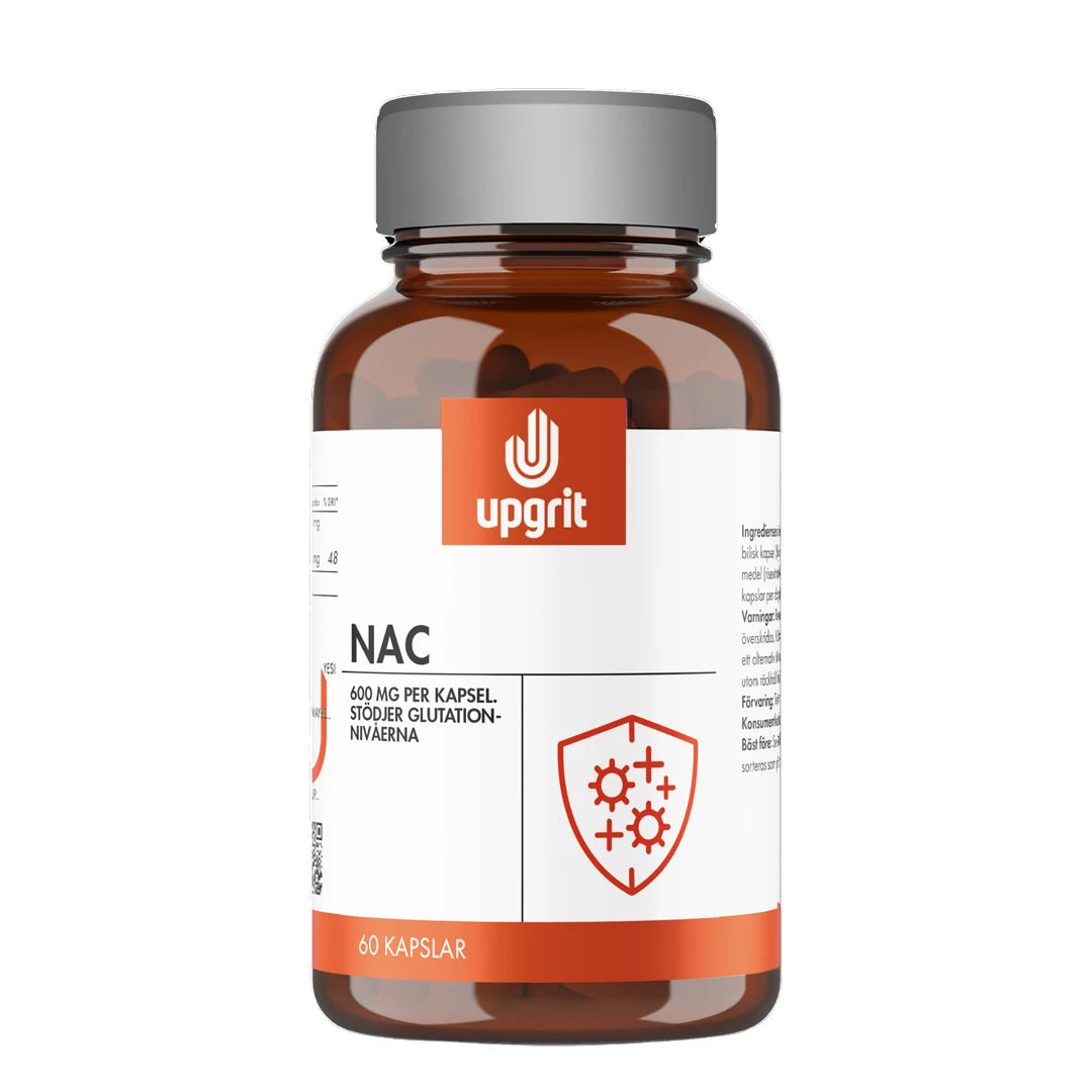 Upgrit NAC 60 caps kosttillskott i en mörkbrun burk med grått lock, vit etikett och orange detaljer., bild 1 av 1