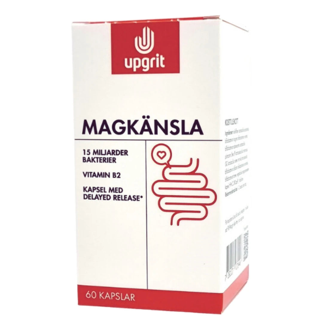 Upgrit Magkänsla Mjölksyrabakterier 60 caps i en vit kartong med röd logotyp och illustration för maghälsa., bild 1 av 1