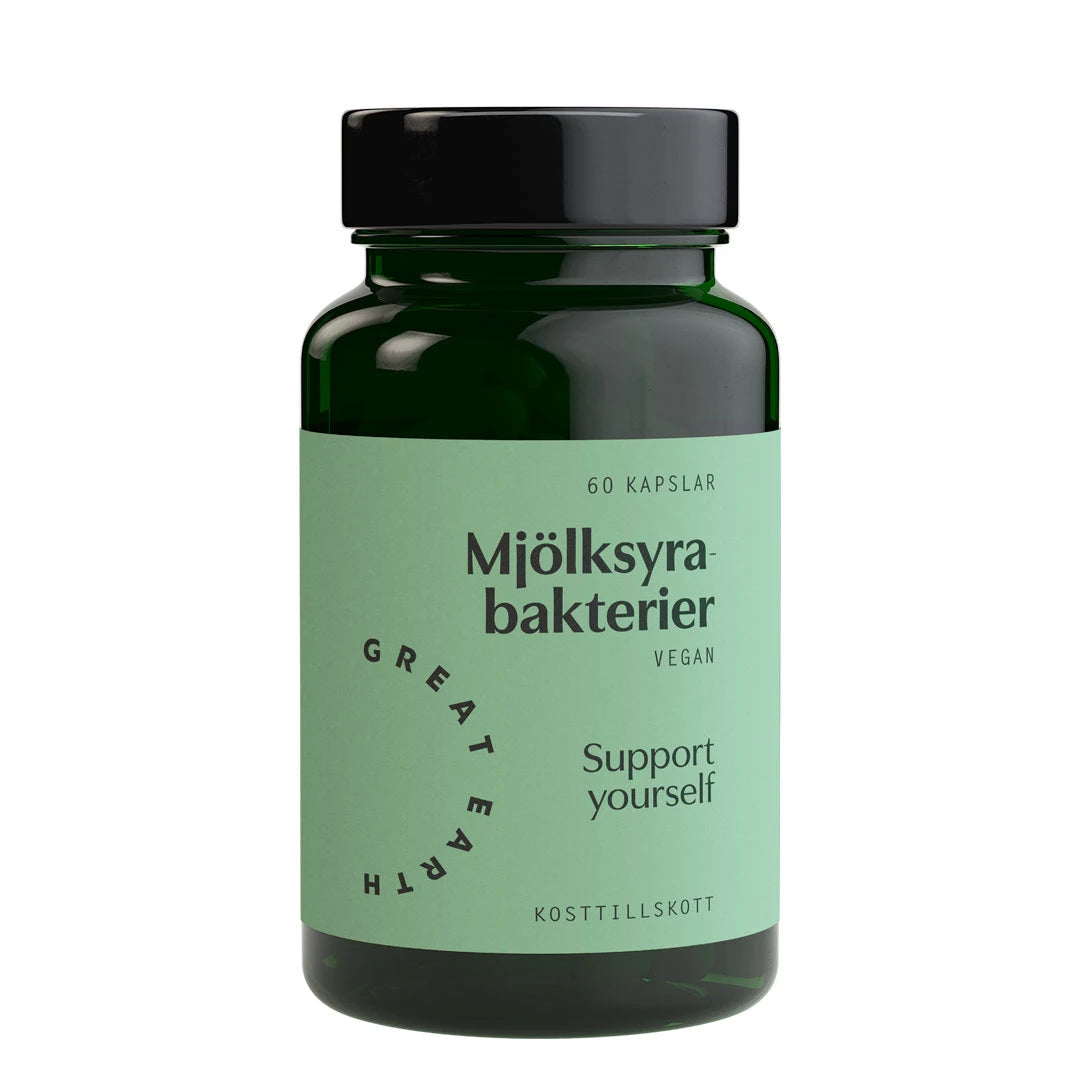 Great Earth Mjölksyrabakterier 60 caps kosttillskott i en mörkgrön plastburk med ljusgrön etikett., bild 1 av 1