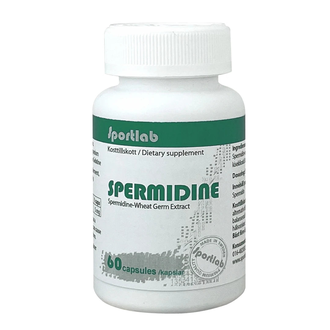 Sportlab Spermidine 60 caps, kosttillskott förpackat i en vit plastburk med gröna detaljer och logga., bild 1 av 1