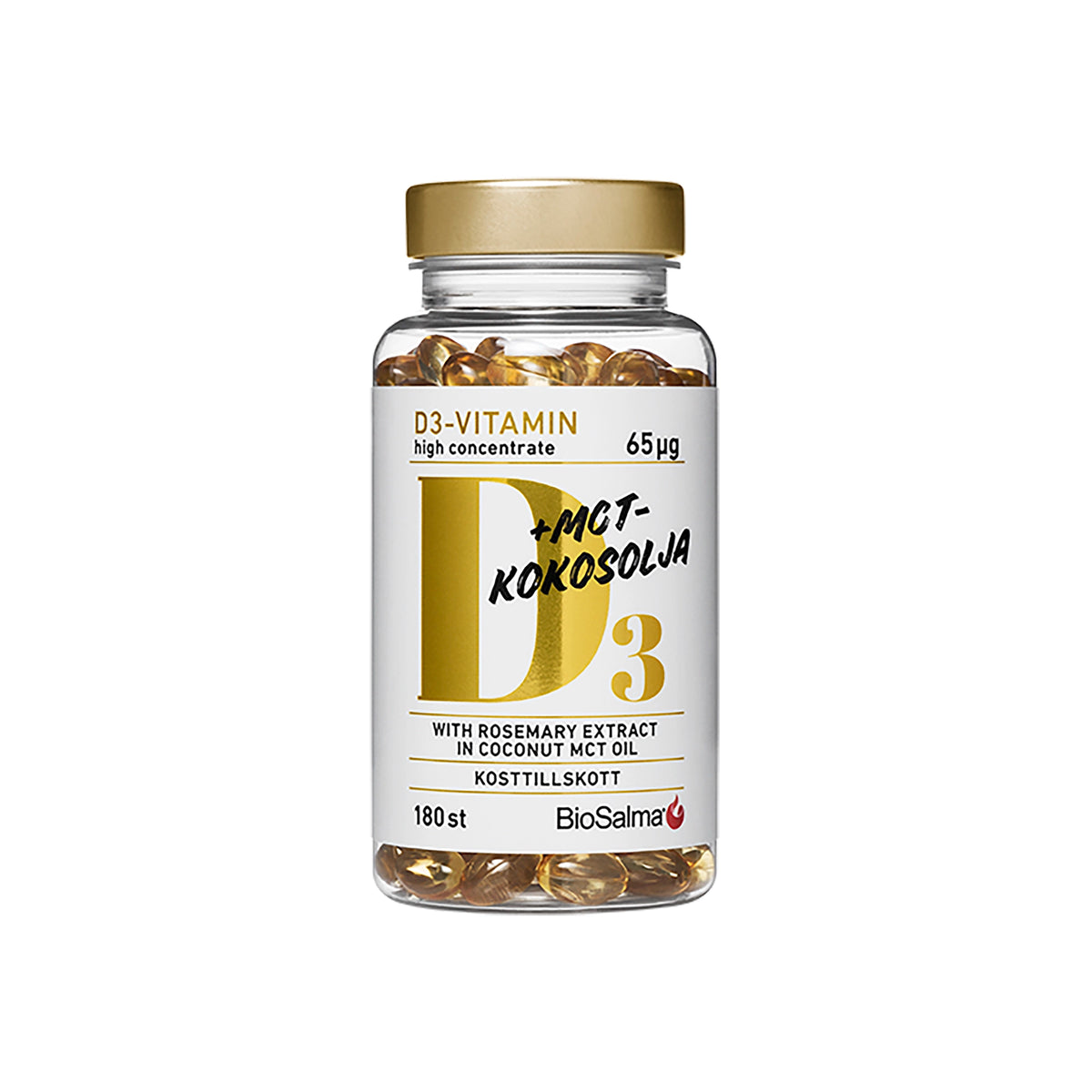 BioSalma D3 Vitamin 65 µg+ MCT 180 caps i en transparent burk med guldlock och vit etikett, fylld med gula kapslar., bild 1 av 1