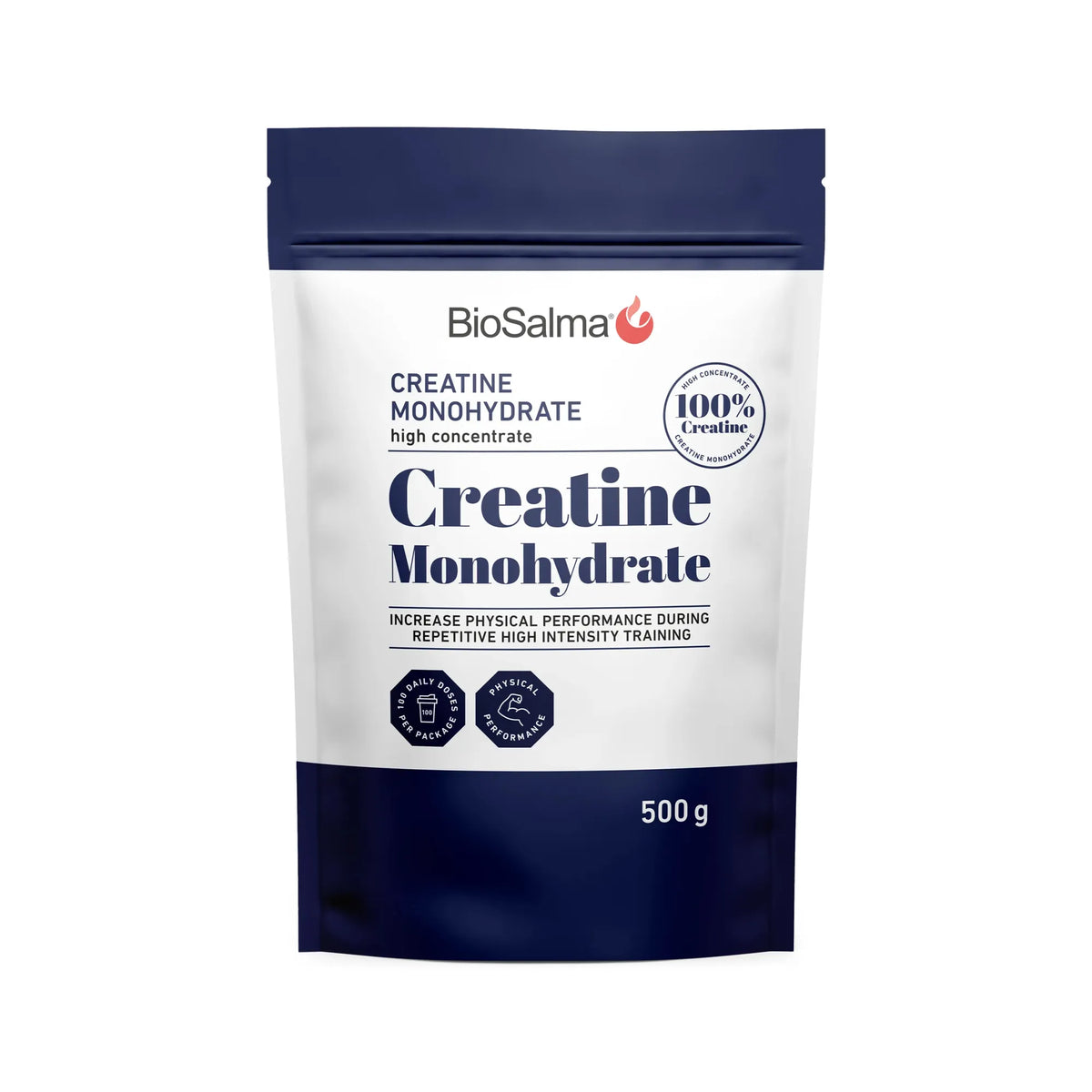 BioSalma Creatine Monohydrat 500 g kreatinpulver förpackad i en vit och mörkblå påse., bild 1 av 1