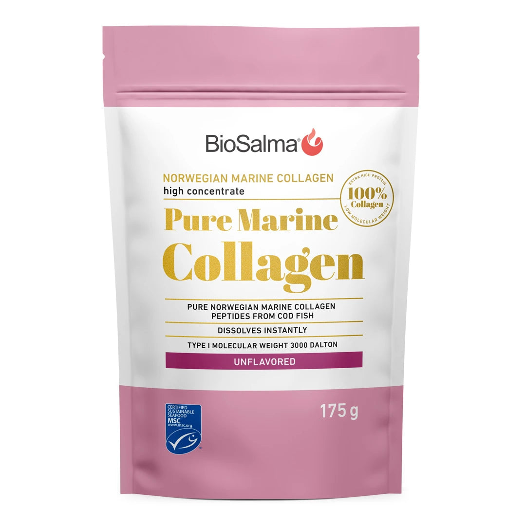 BioSalma Pure Norwegian Marine Collagen 175 g förpackad i en vit påse med rosa detaljer och guldtext., bild 1 av 1
