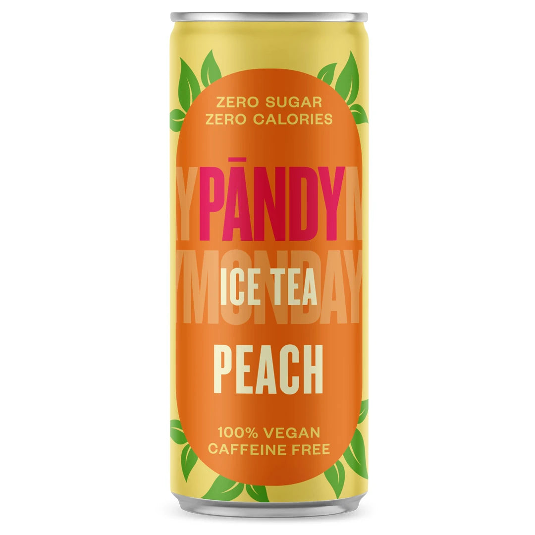 Pändy Ice Tea 330 ml sockerfritt iste i en gul och orange burk för smaken Peach., bild 1 av 2