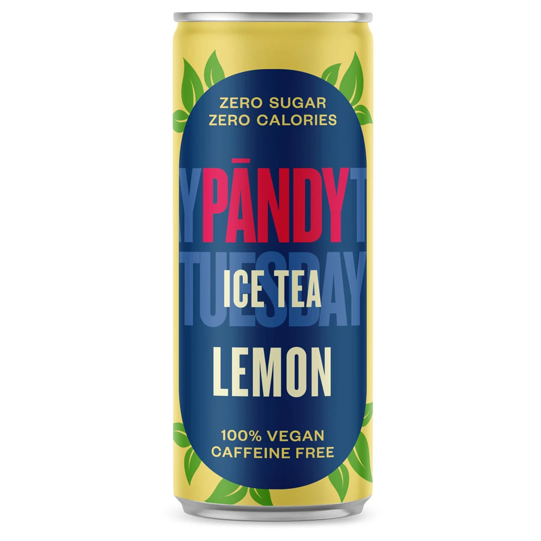 Pändy Ice Tea 330 ml sockerfritt iste i en gul och blå burk med gröna detaljer för smaken Lemon.