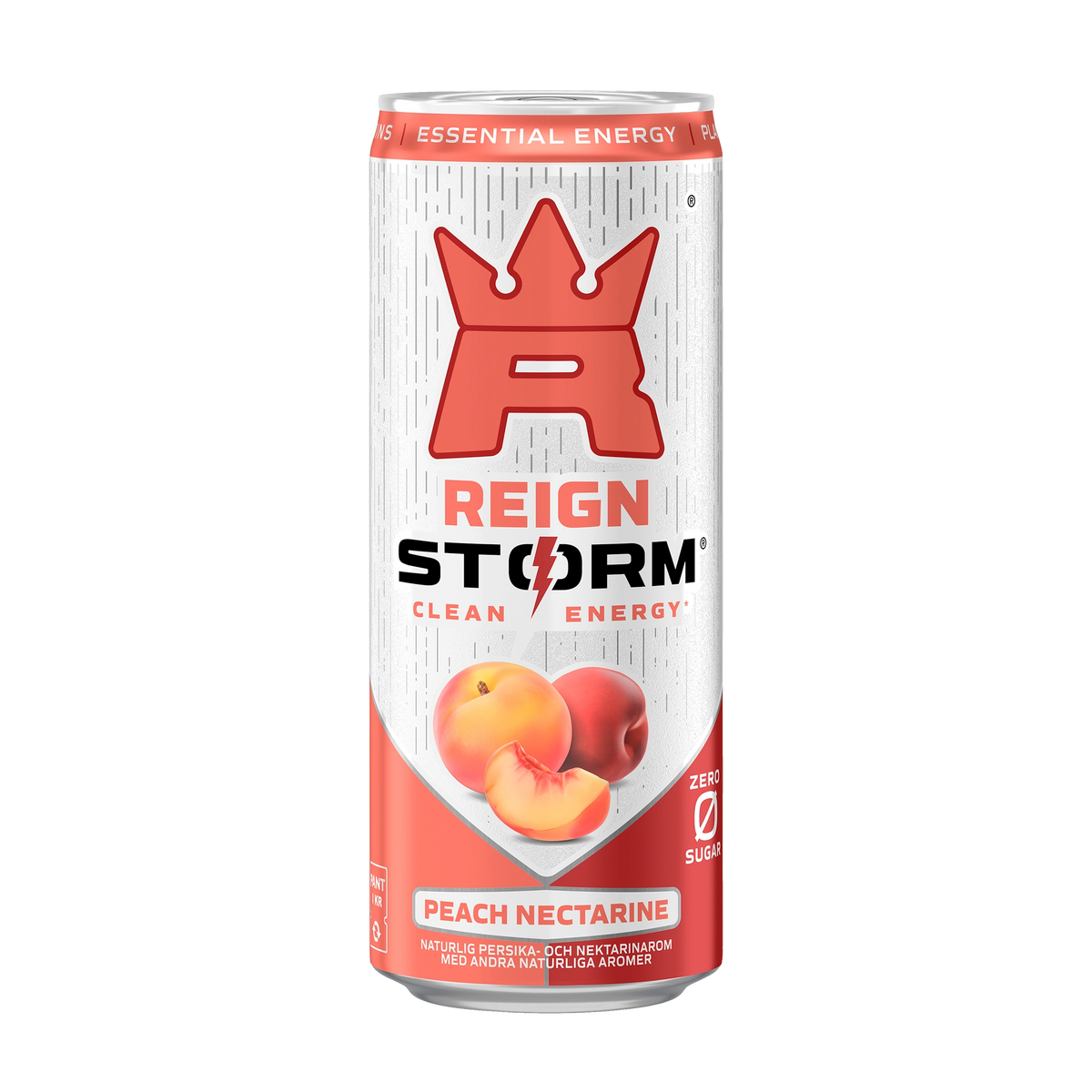 Reign Storm Energy 355 ml energidryck i en vit burk med röda detaljer för smaken Peach Nectarine., bild 1 av 5