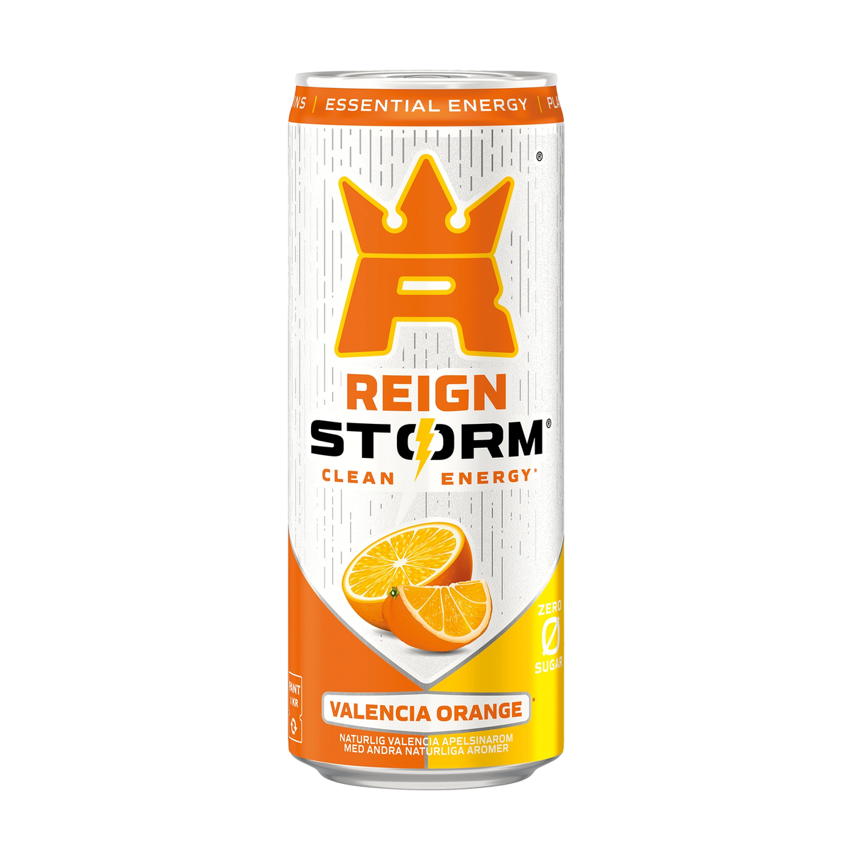 Reign Storm Energy 355 ml i en vit och orange burk med motiv av apelsiner för smaken Valencia Orange.
