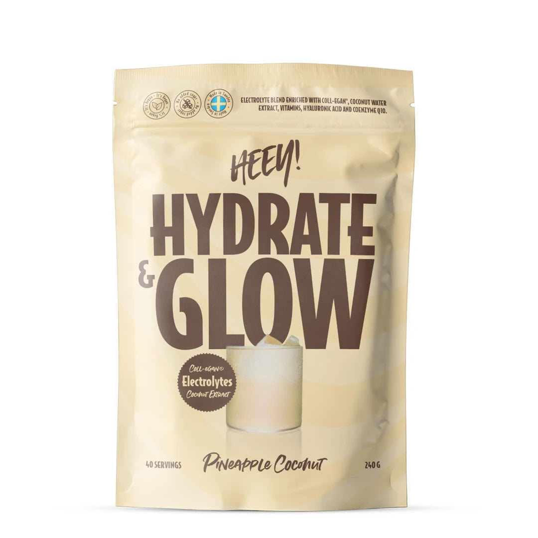 Heey! Elektrolyter + Coll-egan® 240 g elektrolytpulver i en beige påse med smaken Pineapple Coconut., bild 2 av 4