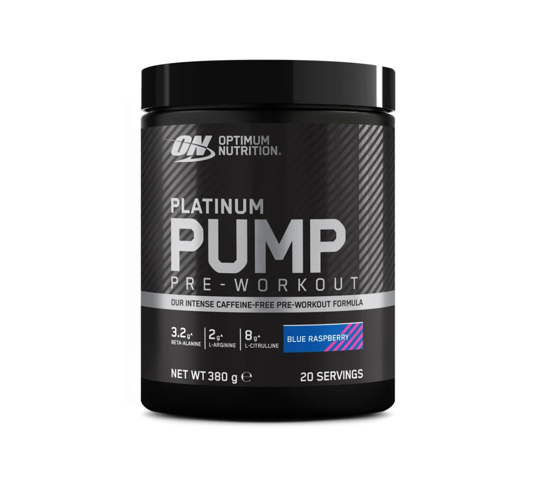Optimum Nutrition Platinum PWO Pump 380 g i en svart burk för smaken Blue Raspberry., bild 1 av 2