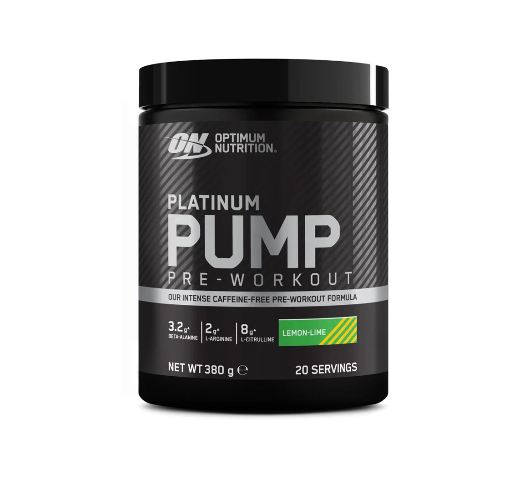 Optimum Nutrition Platinum PWO Pump 380 g koffeinfritt pulver i en svart burk för smaken Lemon Lime.
