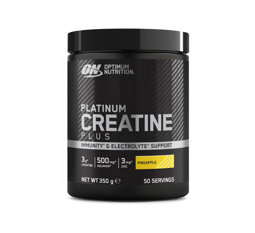 Optimum Nutrition Platinum Creatine Plus 350 g i en svart burk med silvriga och gula detaljer för smaken Pineapple., bild 1 av 2