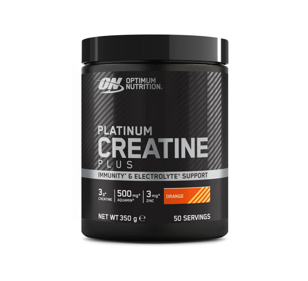 Optimum Nutrition Platinum Creatine Plus 350 g i en svart burk med silverdetaljer för smaken Orange.