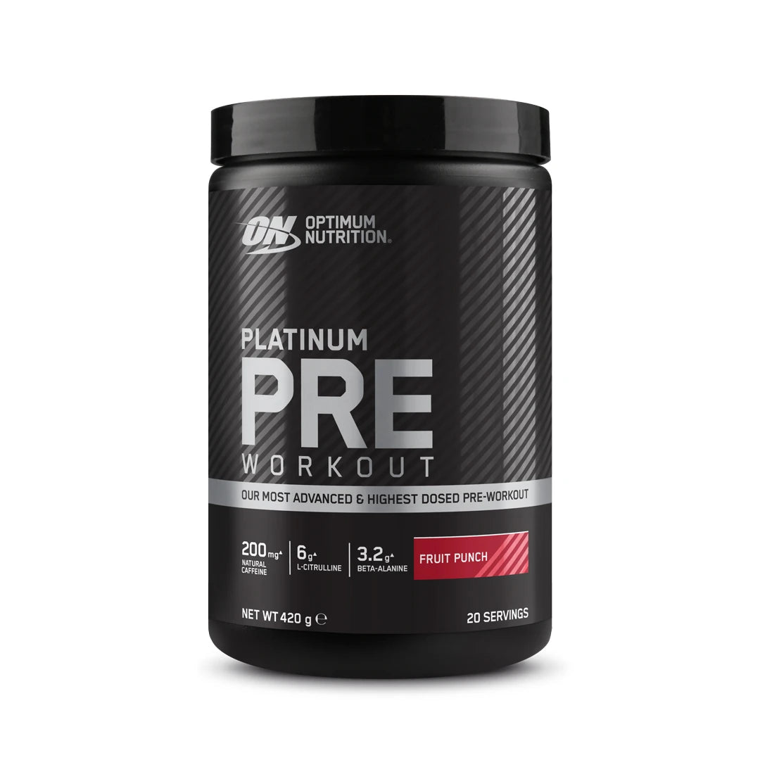 Optimum Nutrition Platinum Pre-Workout 420 g PWO i en svart burk med silvertext för smaken Fruit Punch., bild 1 av 3