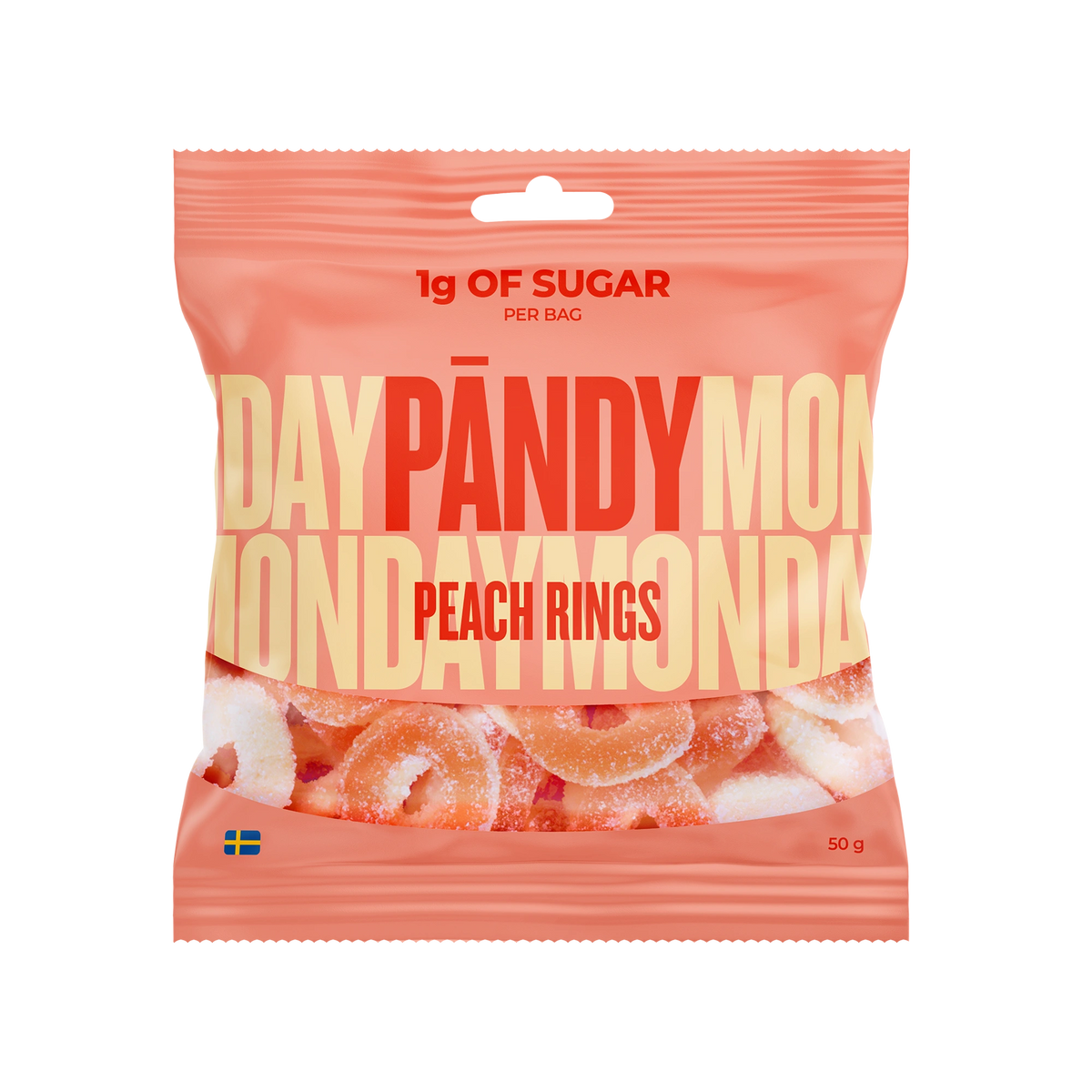 Pändy Candy Peach Rings 50 g i en persikofärgad påse fylld med mjuka gelé- och skumringar., bild 1 av 1