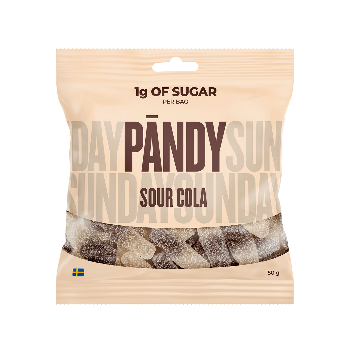 Pändy Candy Sour Cola 50 g syrliga colanappar i en ljus påse med brun text och transparent fönster.