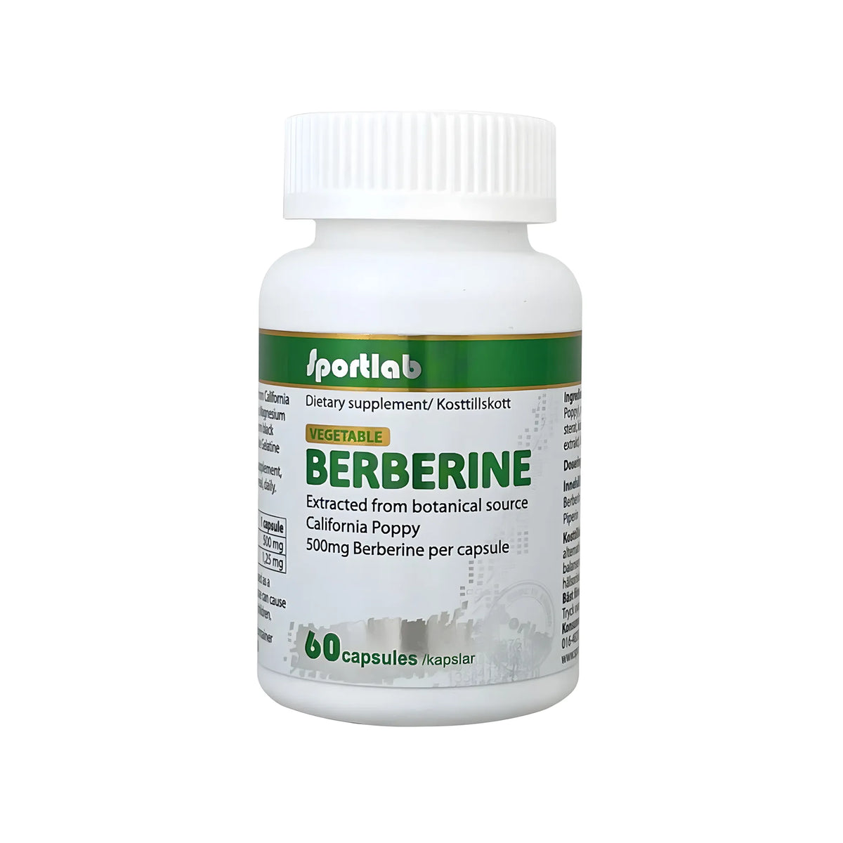 Sportlab Berberine 60 caps i en vit plastburk med gröna detaljer på etiketten., bild 1 av 1