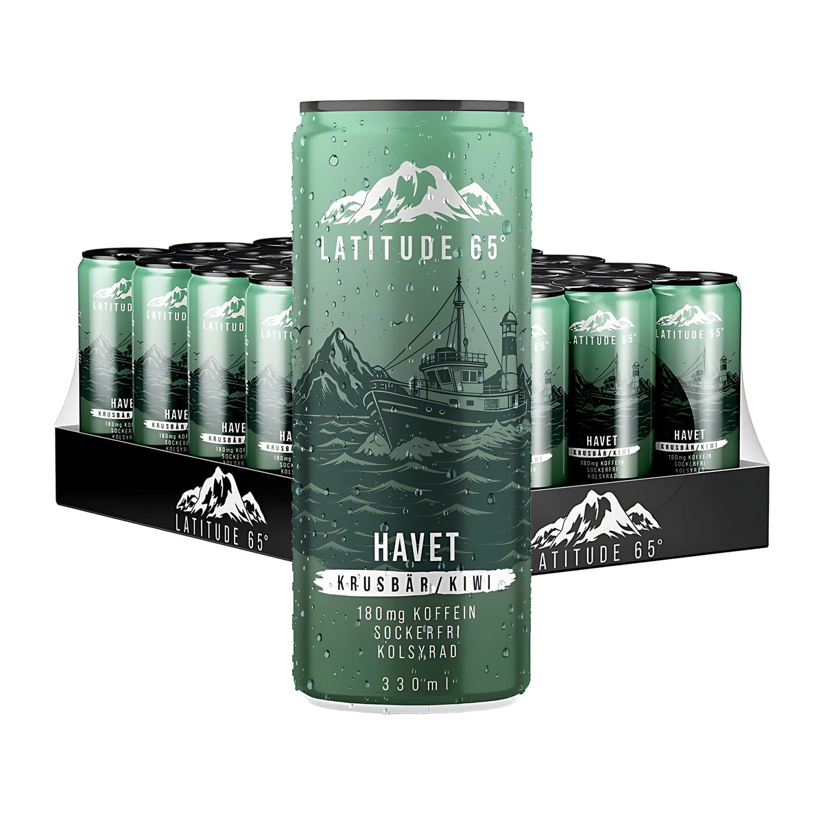24 x Latitude 65 330 ml Havet - Krusbär/Kiwi energidryck i gröna burkar på en svart bricka med en burk stående i förgrunden.