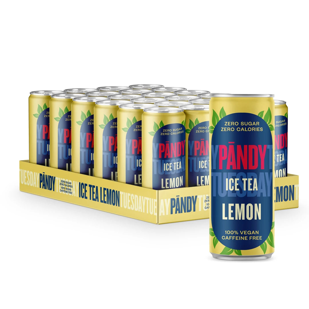 24 x Pändy Ice Tea 330 ml Lemon sockerfritt iste i ett 24-pack med gula och blå burkar med gröna detaljer., bild 1 av 1