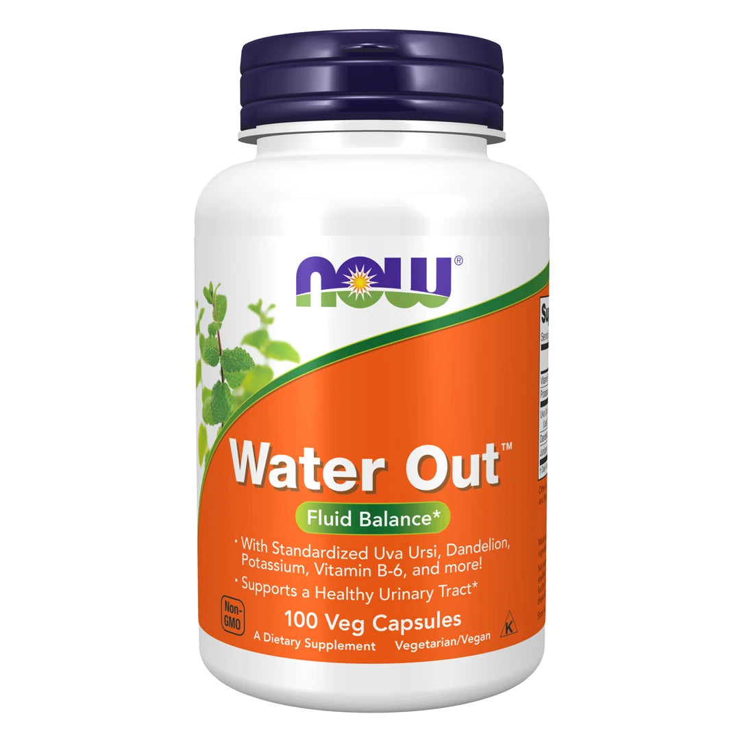 NOW Water Out™ 100 vegcaps vätskedrivande kosttillskott i en vit burk med orange etikett och mörkblått lock., bild 1 av 1
