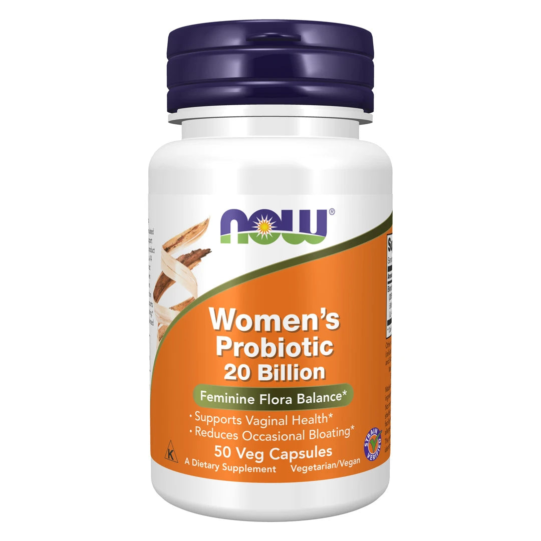NOW Women's Probiotic 20 Billion 50 vegkapslar i en vit plastburk med orange etikett och mörkblått lock., bild 1 av 1
