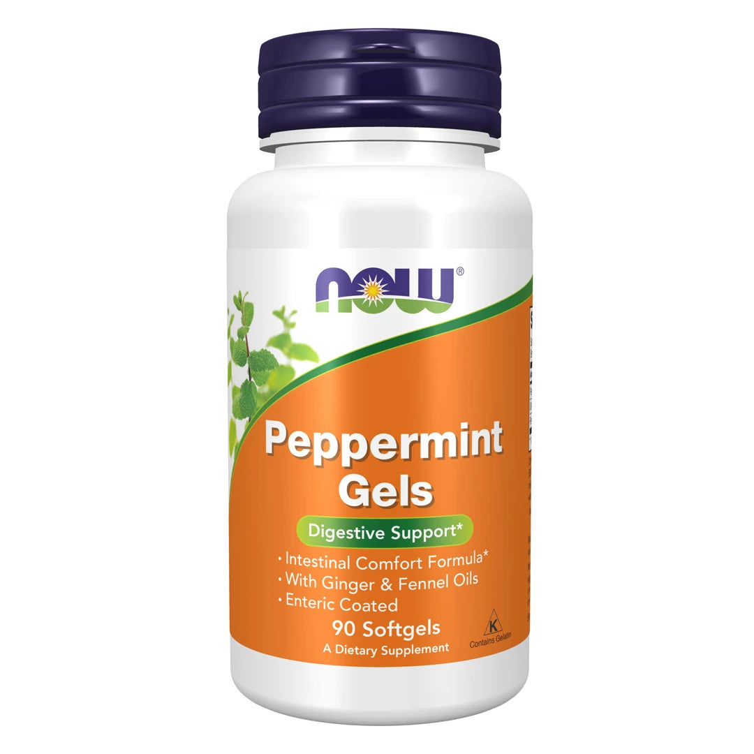 NOW Peppermint Gels 90 Softgels kosttillskott för matsmältning i en vit burk med lila lock och orange etikett., bild 1 av 1